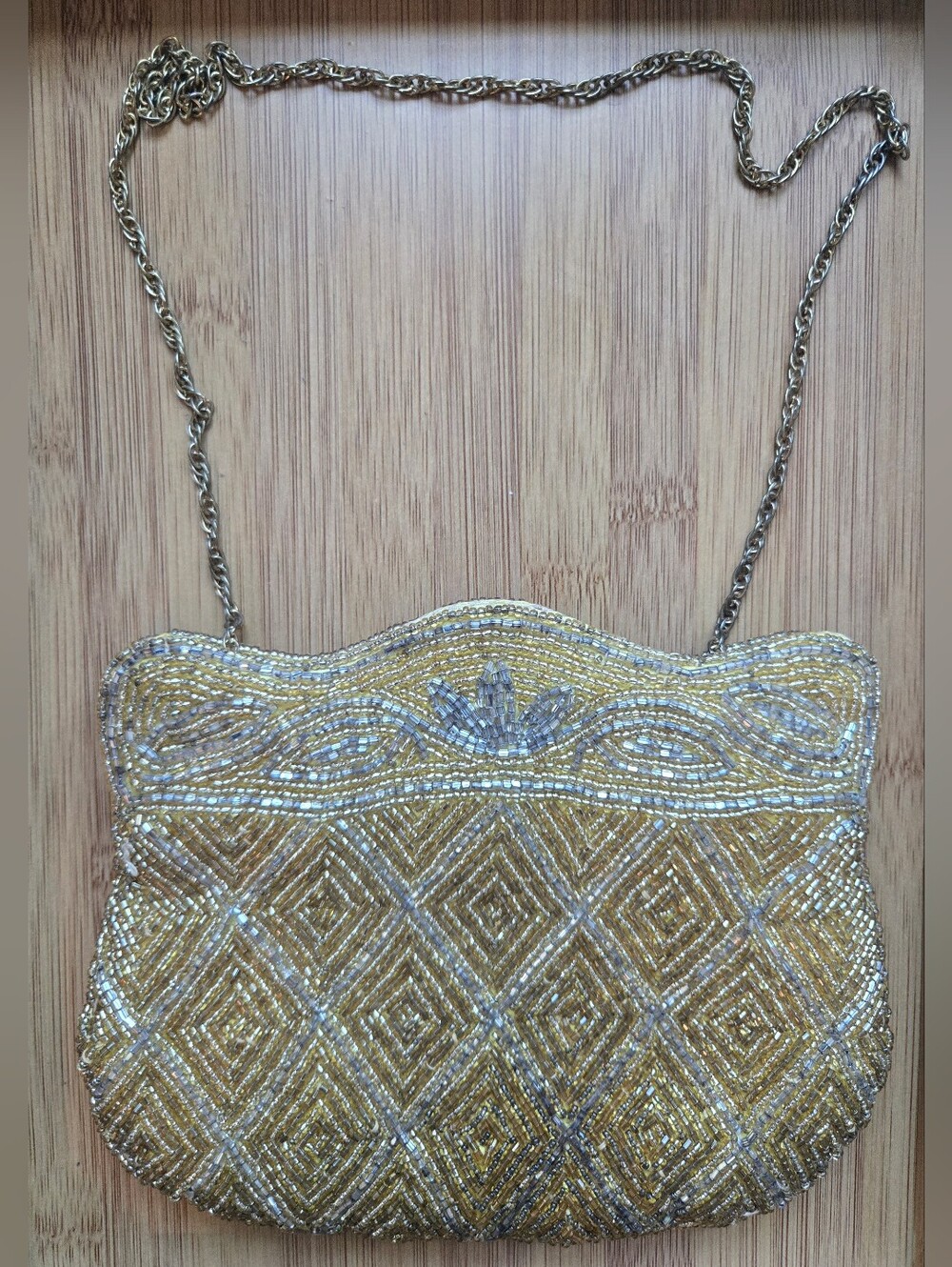Vintage Magid Handmade Macau Gold Beaded Evening Clutch Purse w/ Chain